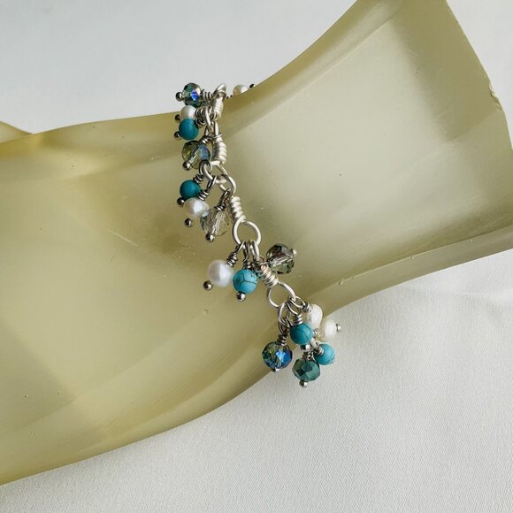 Cluster Bracelet with Turquoise, Pearls, and Crystals. Chain with Dangle Gem - Picture 2 of 16